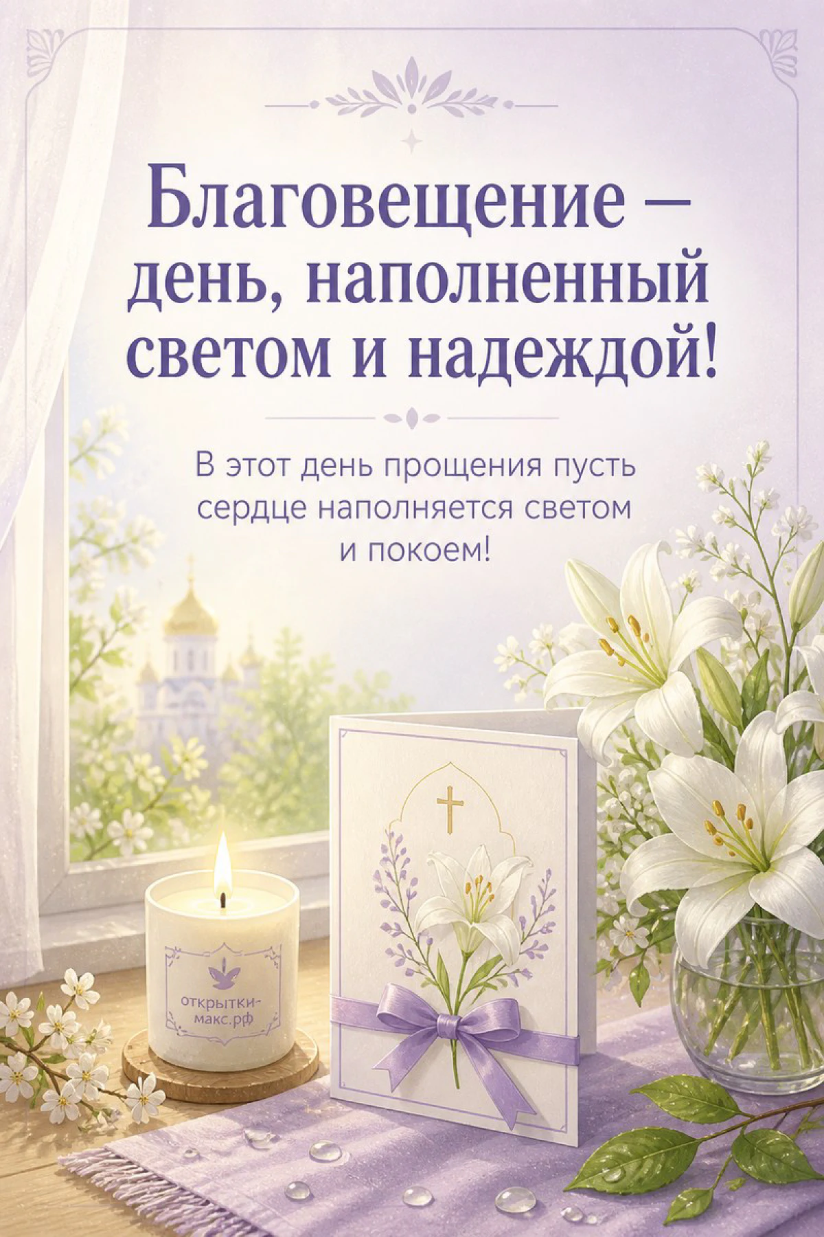 Свеча в стакане и белые лилии у окна с видом на храм — открытка на Благовещение