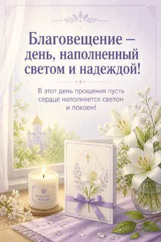 Свеча в стакане и белые лилии у окна с видом на храм — открытка на Благовещение