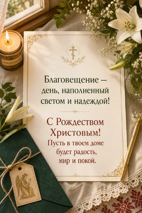 Ароматическая свеча, письмо с ангелом и белые лилии на льняной скатерти — открытка на Благовещение