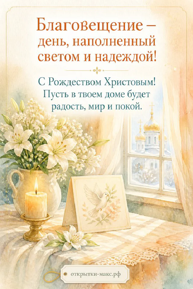 Ароматическая свеча, письмо с ангелом и белые лилии на льняной скатерти — открытка на Благовещение — вариант 2