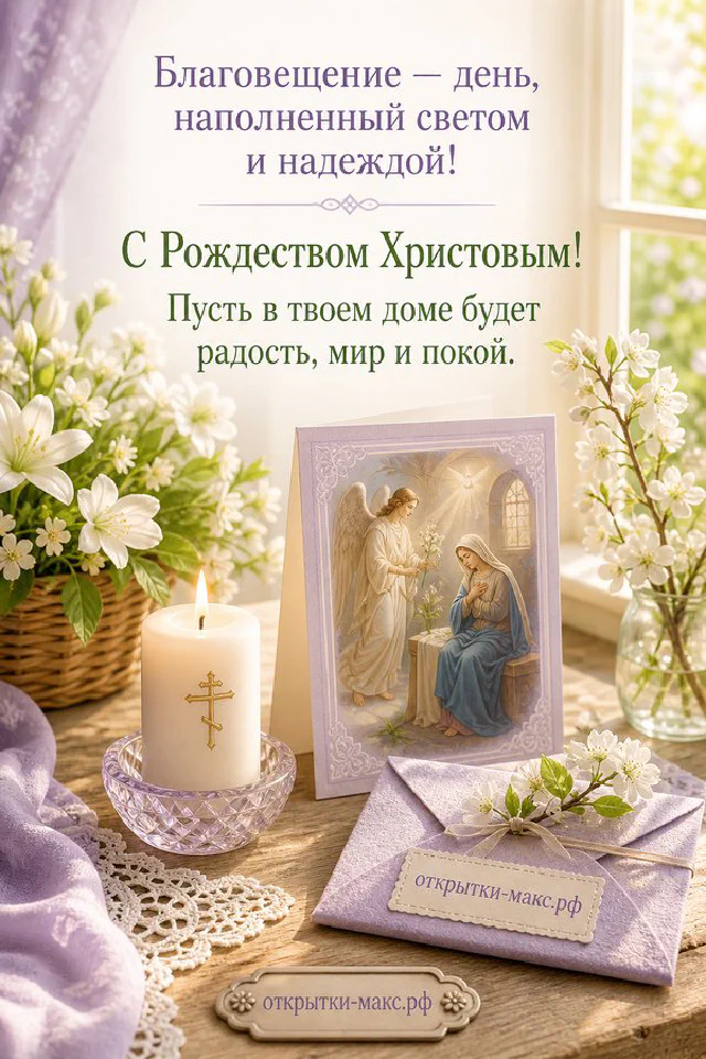 Ароматическая свеча, письмо с ангелом и белые лилии на льняной скатерти — открытка на Благовещение — вариант 3