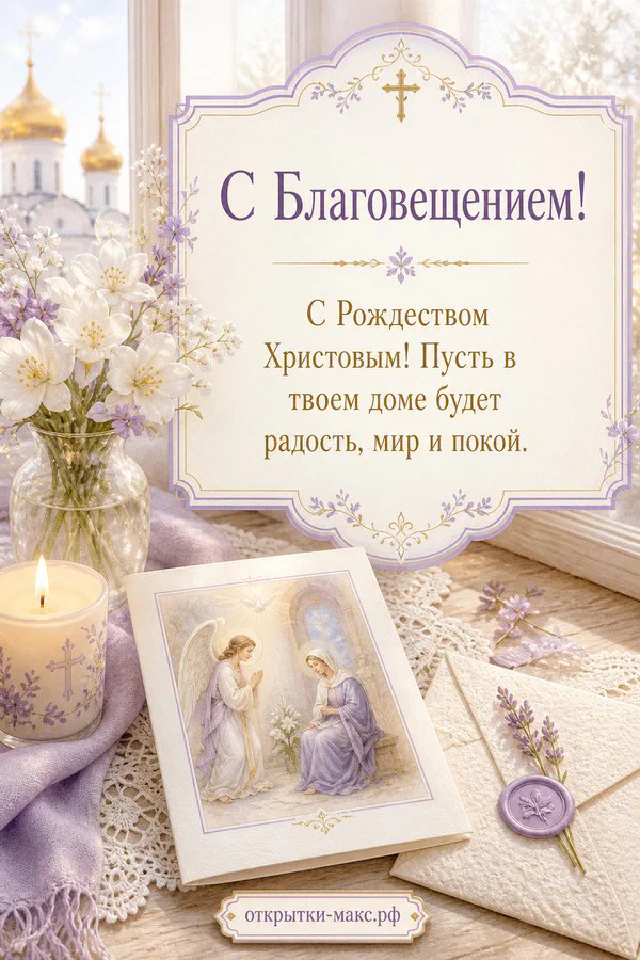 Горящая свеча и белые розы в вазе на подоконнике с видом на православный храм с куполами — вариант 2