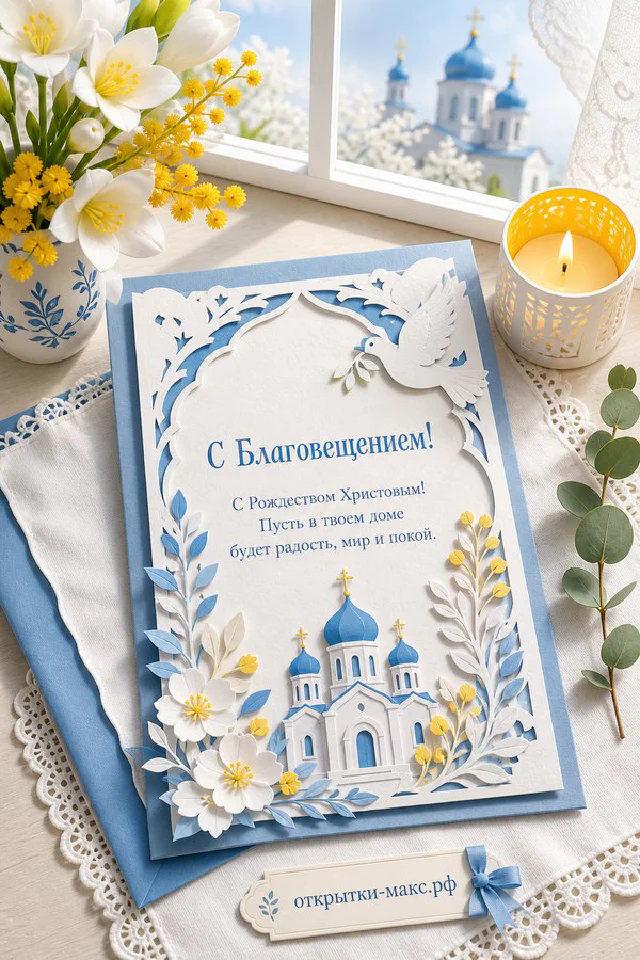 Горящая свеча и белые розы в вазе на подоконнике с видом на православный храм с куполами — вариант 3