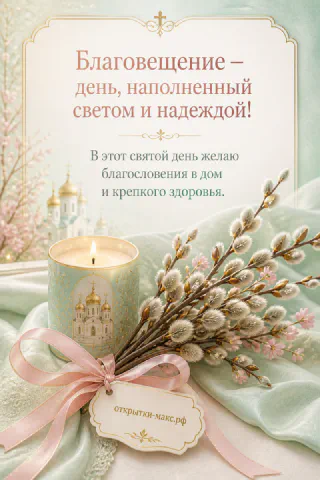 Расписная свеча с изображением храма и пушистые ветки вербы на мятной ткани — открытка на Благовещение