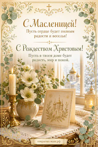 Золотые подсвечники со свечами, белые анемоны в вазе и иконка храма на кружевной скатерти