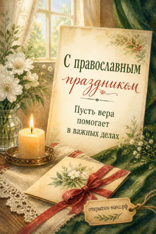 Акварельная сцена с горящей свечой, белыми цветами и конвертом с подарком у окна — православная открытка