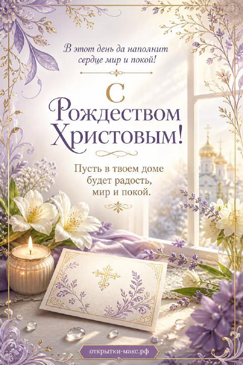 Горящая свеча, лавандовые ветки и православная карточка с крестом на столе у окна с видом на храм