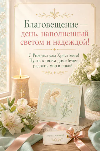 Акварельная карточка с ангелом среди цветов, горящая свеча и белые лилии у окна с мягким светом