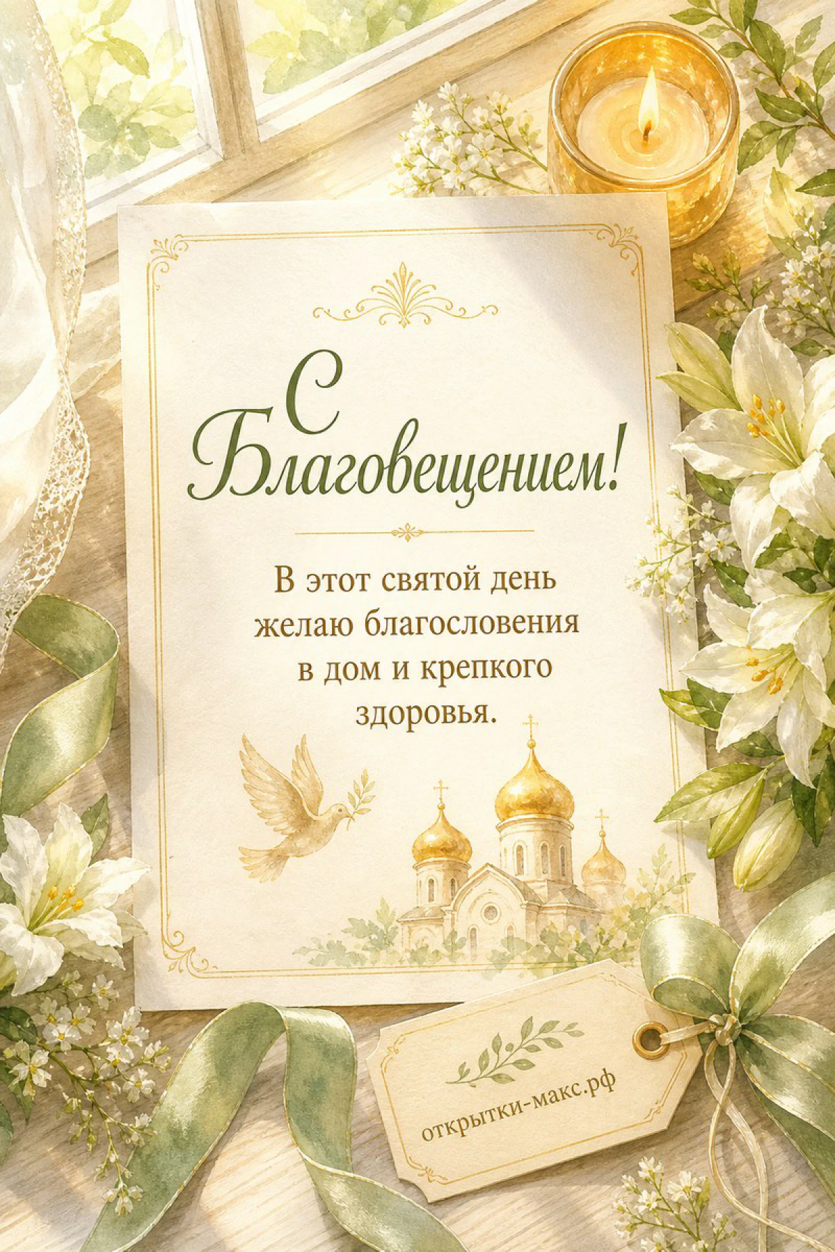 Карточка с Благовещением и голубем, белые лилии, горящая свеча и зелёная лента на деревянном столе