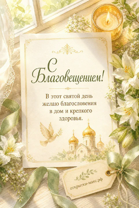 Карточка с Благовещением и голубем, белые лилии, горящая свеча и зелёная лента на деревянном столе