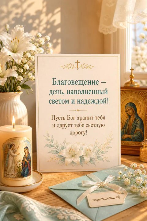 Икона Благовещения, белые лилии в вазе и горящая свеча на деревянном столе рядом с голубым конвертом