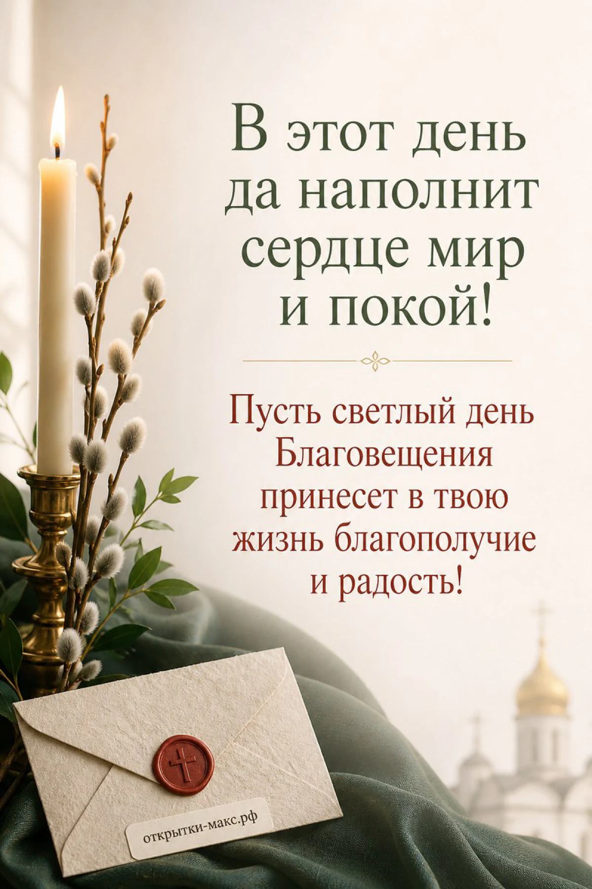 Горящая свеча в подсвечнике, конверт с красной восковой печатью и ветки вербы на фоне с куполами храма