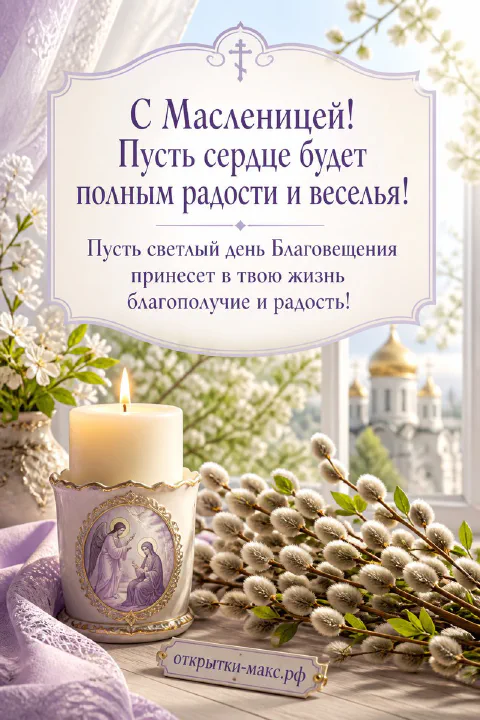 Белая церковная свеча с иконой Благовещения и пушистые ветки вербы у окна с видом на белый храм