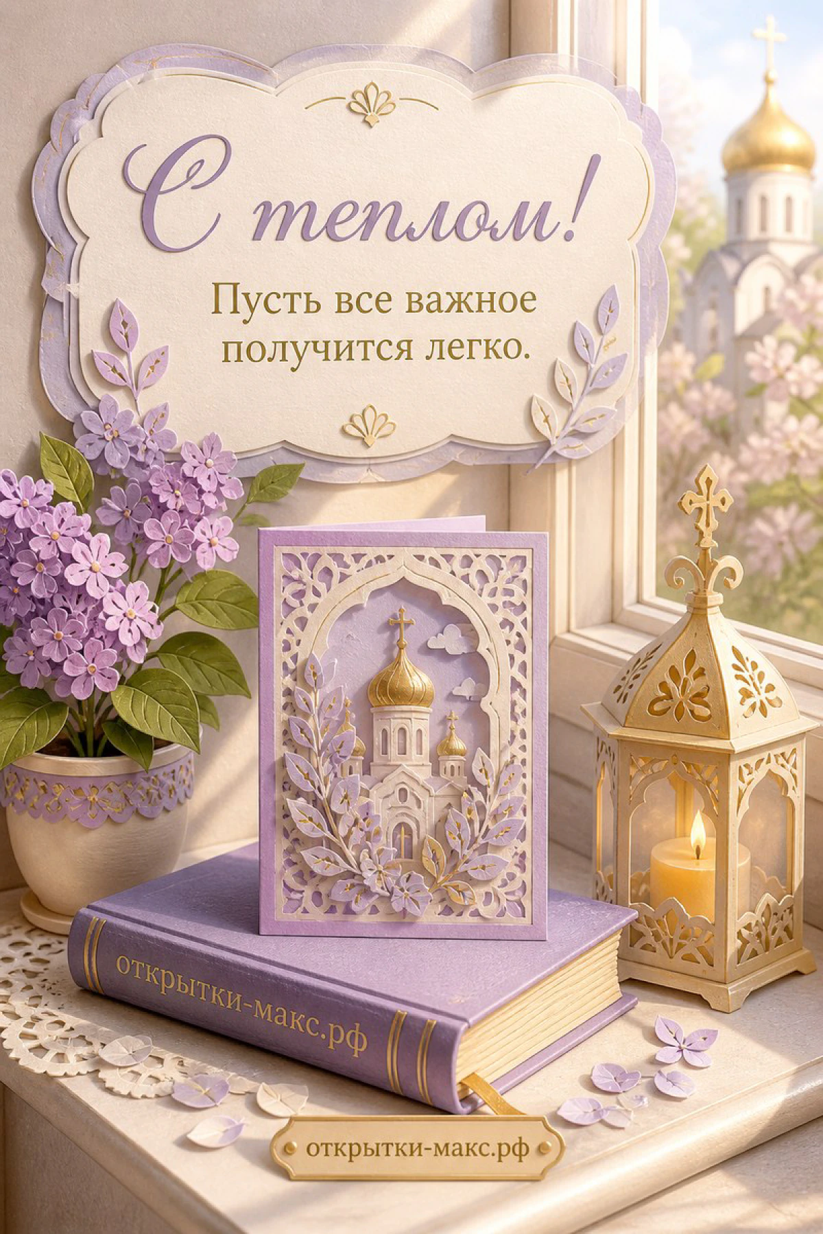 Ажурная книга с куполами храма, золотой фонарь со свечой и букет сирени на фоне окна