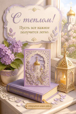 Ажурная книга с куполами храма, золотой фонарь со свечой и букет сирени на фоне окна