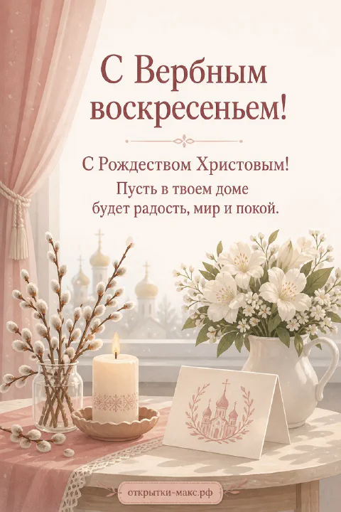 Горящая свеча, ветки вербы и белые цветы на столе у окна с видом на купола храма