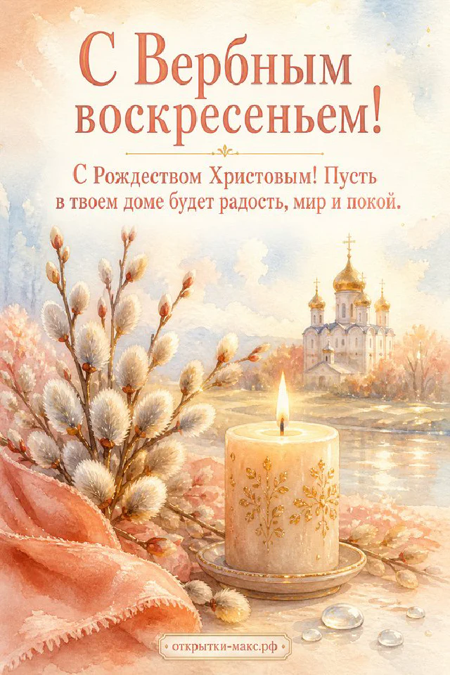 Горящая свеча, ветки вербы и белые цветы на столе у окна с видом на купола храма — вариант 2