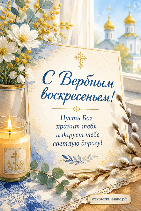 Карточка с Вербным воскресеньем, горящая свеча, ветки вербы и акварельные купола у окна с синей скатертью