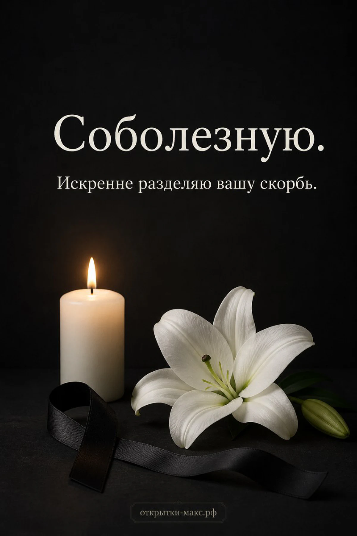 Белая лилия и свеча на чёрном фоне с надписью «Соболезную. Искренне разделяю вашу скорбь»