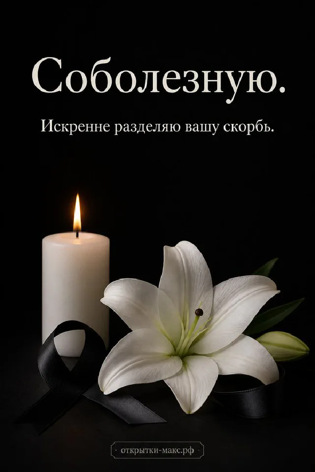 Белая лилия и свеча на чёрном фоне с надписью «Соболезную. Искренне разделяю вашу скорбь» — вариант 2