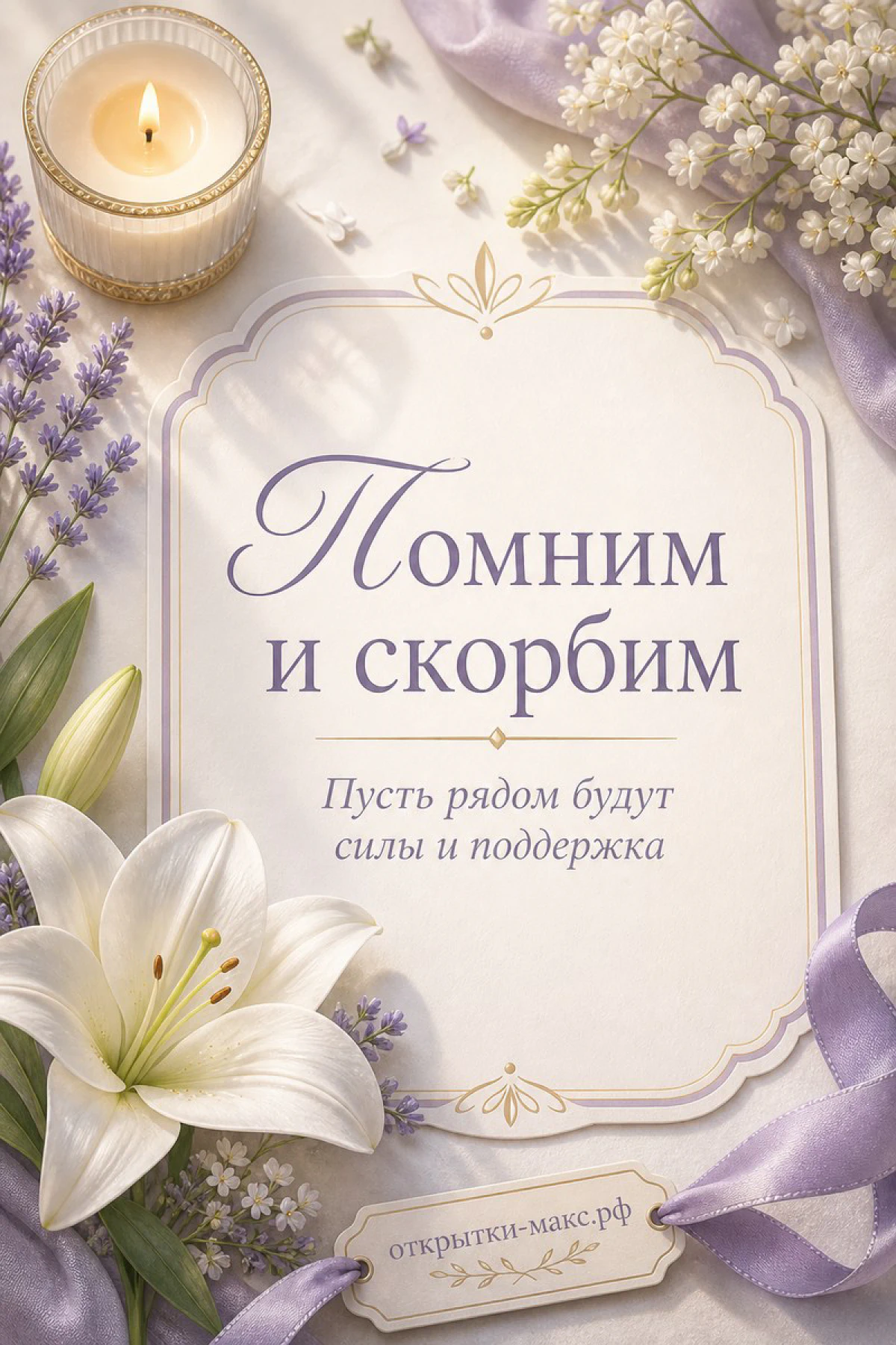Карточка с надписью Помним и скорбим, белой лилией, свечой и лавандой на светлом фоне