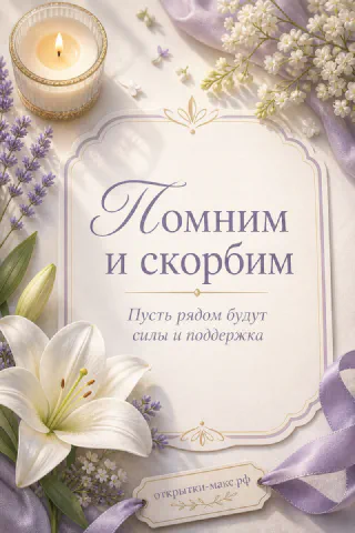 Карточка с надписью Помним и скорбим, белой лилией, свечой и лавандой на светлом фоне