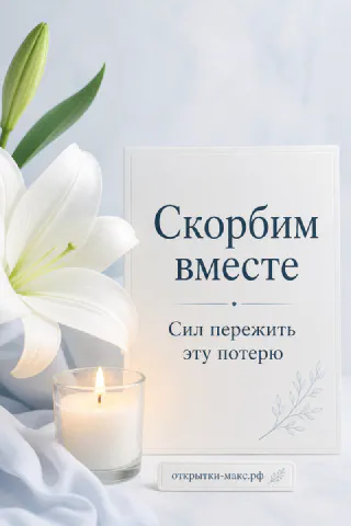 Белая лилия и свеча на голубовато-сером фоне с карточкой «Скорбим вместе»
