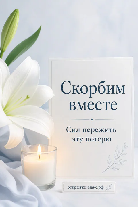 Белая лилия и свеча на голубовато-сером фоне с карточкой «Скорбим вместе»