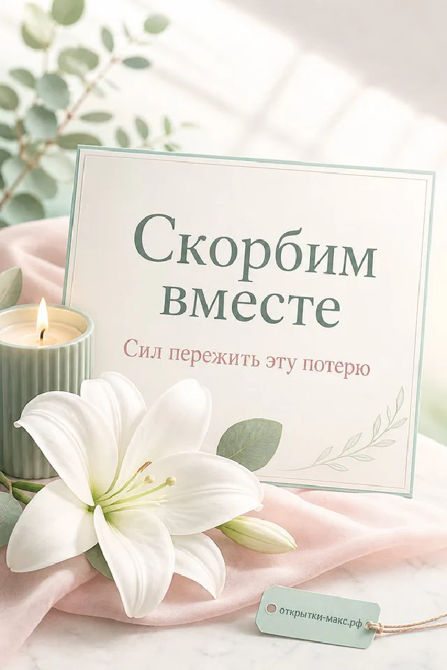 Белая лилия и свеча на голубовато-сером фоне с карточкой «Скорбим вместе» — вариант 2
