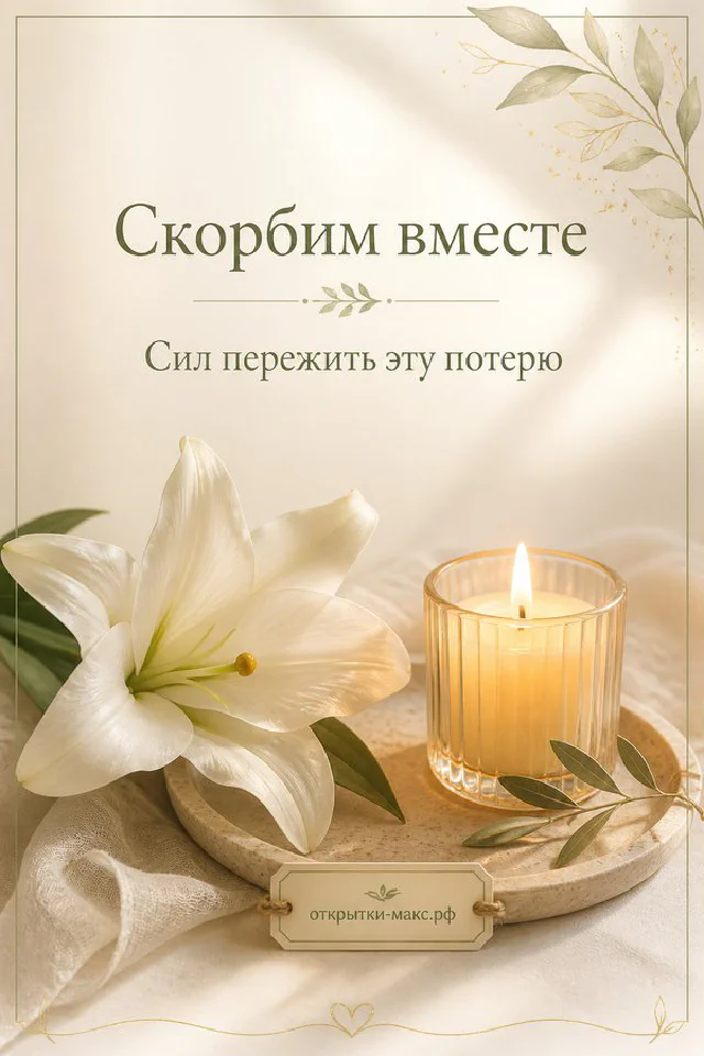 Белая лилия и свеча на голубовато-сером фоне с карточкой «Скорбим вместе» — вариант 3