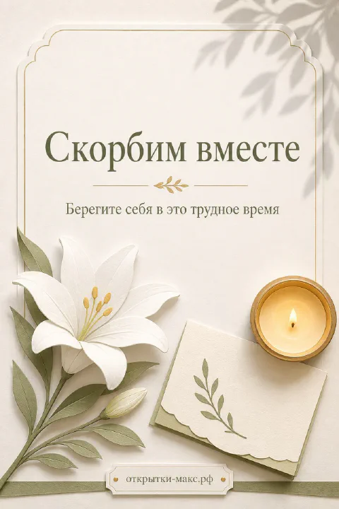 Белая лилия, горящая свеча и конверт на светлом фоне с надписью Скорбим вместе