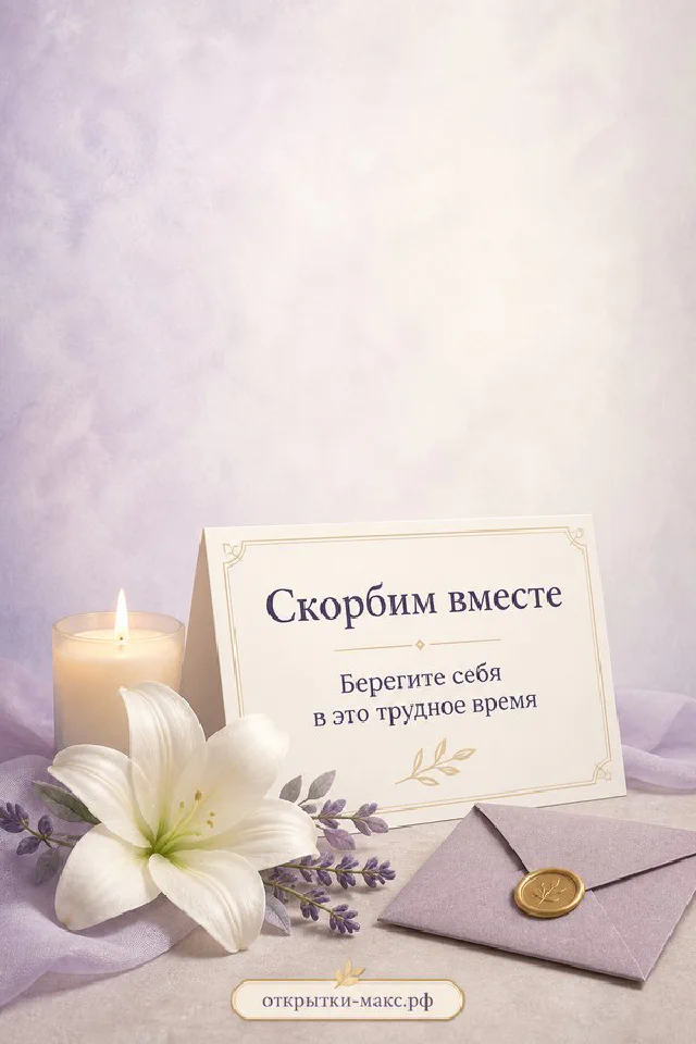Белая лилия, горящая свеча и конверт на светлом фоне с надписью Скорбим вместе — вариант 2