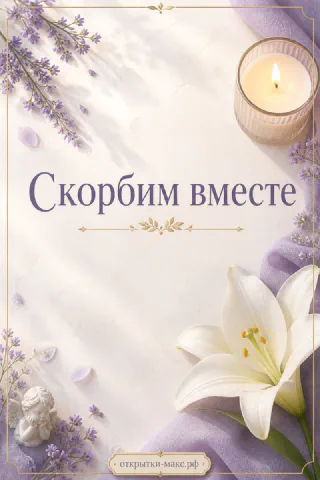 Лаванда, белая лилия, горящая свеча и фигурка ангела с надписью Скорбим вместе