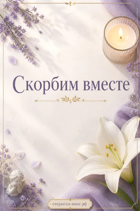 Лаванда, белая лилия, горящая свеча и фигурка ангела с надписью Скорбим вместе