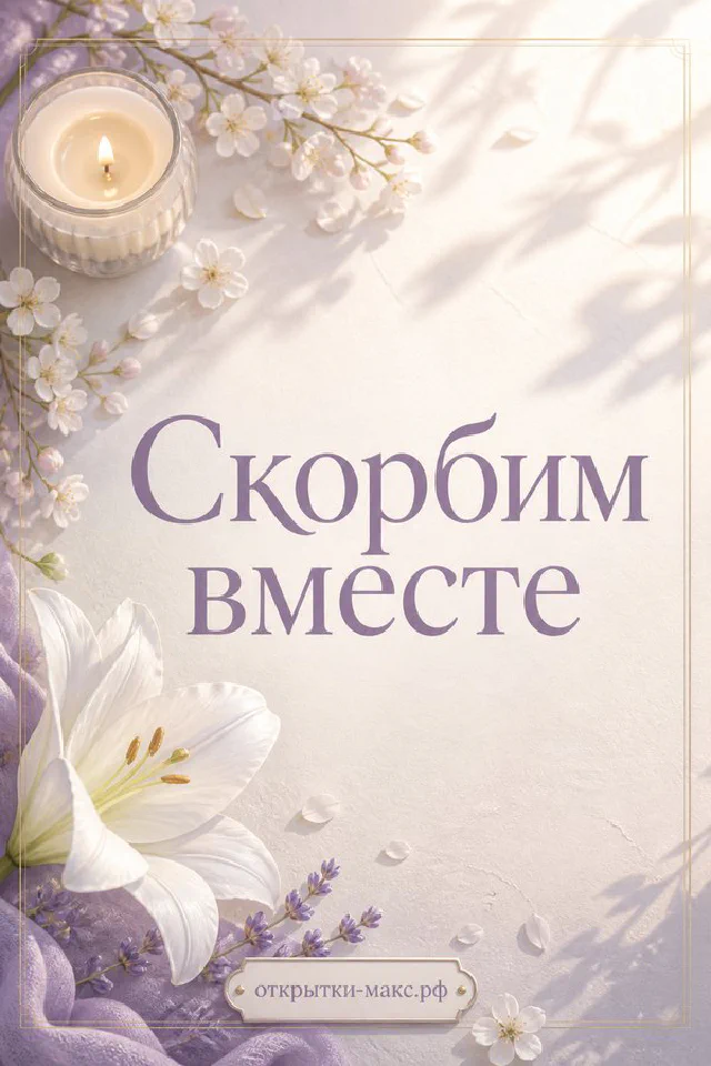 Лаванда, белая лилия, горящая свеча и фигурка ангела с надписью Скорбим вместе — вариант 2