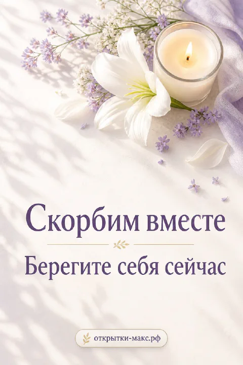 Белая лилия и лаванда с горящей свечой и надписью Скорбим вместе на светлом фоне