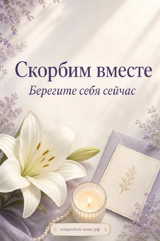 Белая лилия и лаванда с горящей свечой и надписью Скорбим вместе на светлом фоне — вариант 2