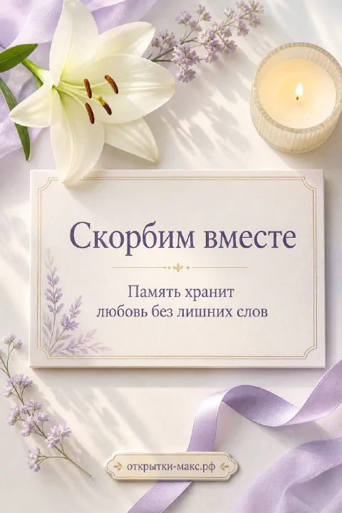 Белая лилия и горящая свеча на лавандовом фоне с надписью «Скорбим вместе»