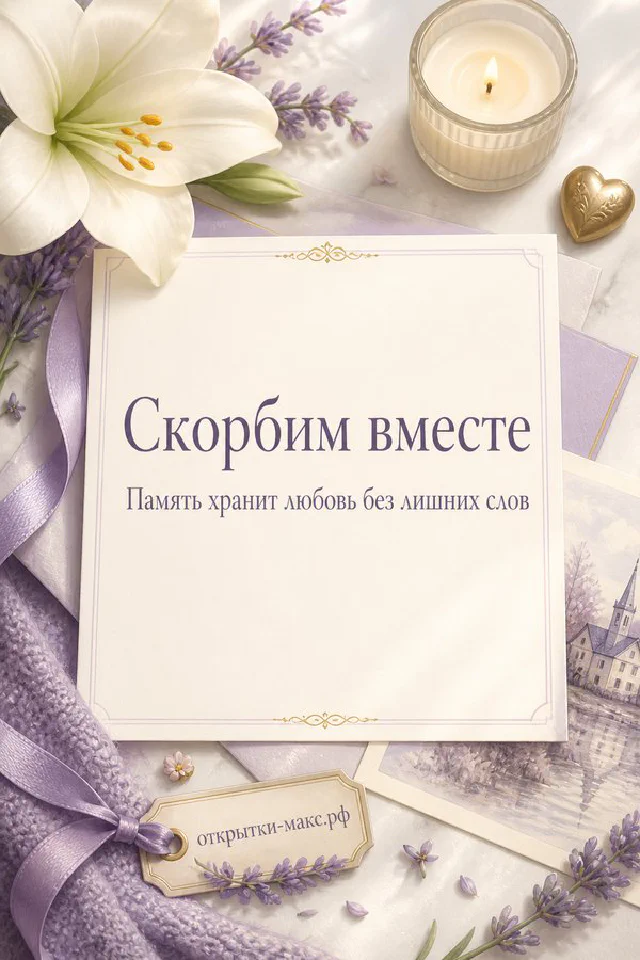 Белая лилия и горящая свеча на лавандовом фоне с надписью «Скорбим вместе» — вариант 2
