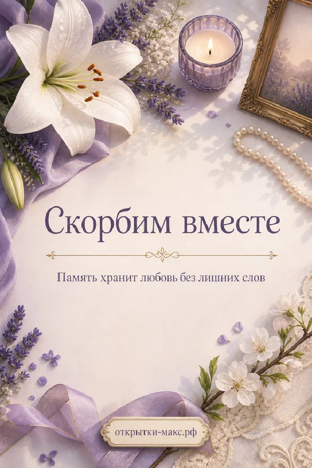 Белая лилия и горящая свеча на лавандовом фоне с надписью «Скорбим вместе» — вариант 3