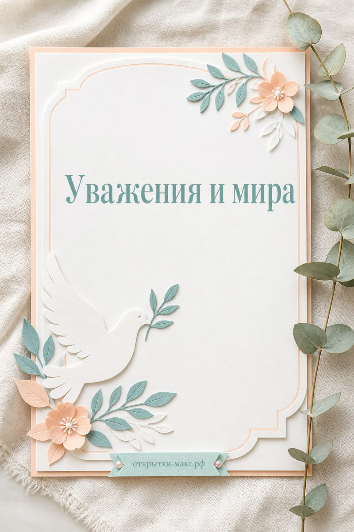 Бумажная открытка с белым голубем, персиковыми цветами и ветками эвкалипта в рамке