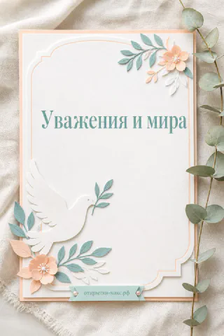 Бумажная открытка с белым голубем, персиковыми цветами и ветками эвкалипта в рамке