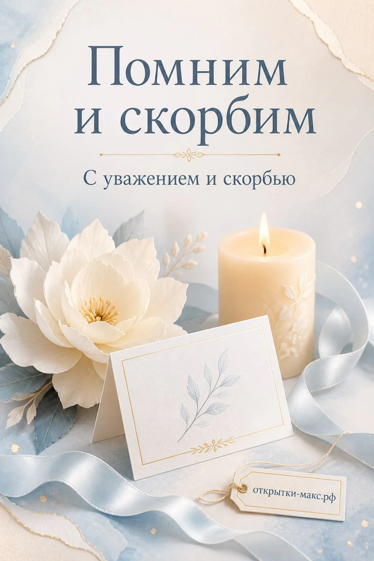 Белый цветок магнолии и горящая свеча на голубом фоне с лентой и конвертом