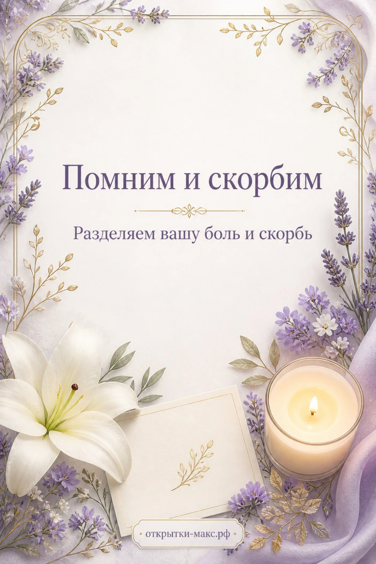 Белая лилия и свеча в лавандовой рамке с пустым конвертом на светлом фоне