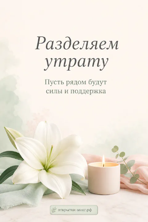 Белая лилия и горящая свеча на светло-зелёном фоне с надписью «Разделяем утрату»