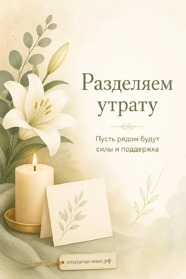 Белая лилия и горящая свеча на светло-зелёном фоне с надписью «Разделяем утрату» — вариант 2