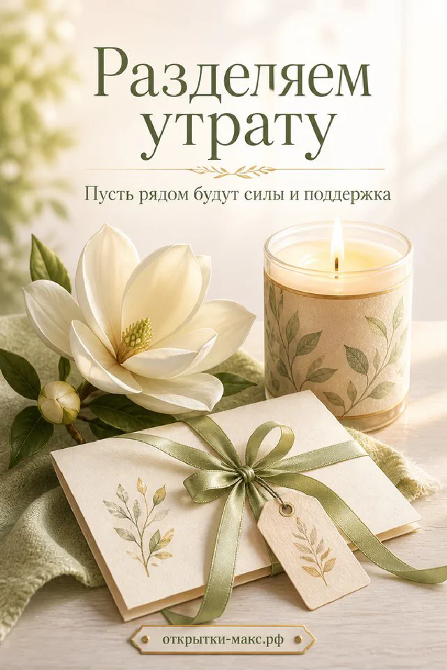 Белая лилия и горящая свеча на светло-зелёном фоне с надписью «Разделяем утрату» — вариант 3