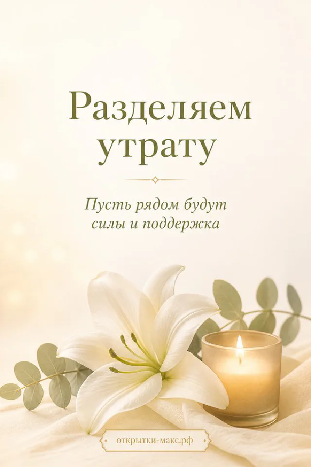 Белая лилия и горящая свеча на светло-зелёном фоне с надписью «Разделяем утрату» — вариант 4