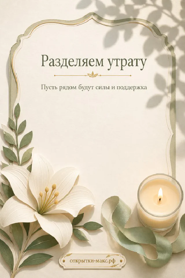 Белая лилия и горящая свеча на светло-зелёном фоне с надписью «Разделяем утрату» — вариант 5