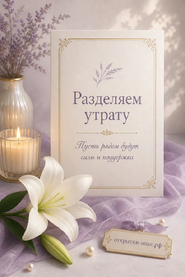 Белая лилия и горящая свеча на светло-зелёном фоне с надписью «Разделяем утрату» — вариант 7